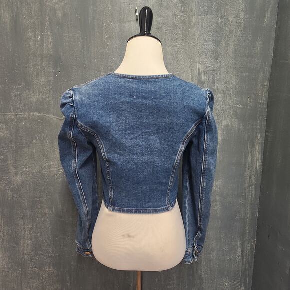 Anthropologie Avec Les Filles Blue Denim Cropped Top Size Small Puff Sleeve - Picture 3 of 8